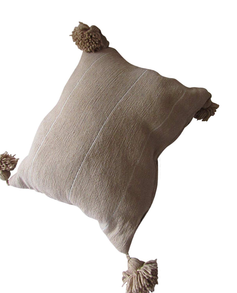 Marrakesh Gardens Authentic Moroccan Handwoven Pom Pom Pillow Cover, Cotton Bohemian Throw Pillow Case with Tassels, 18x18 Inches, Grey