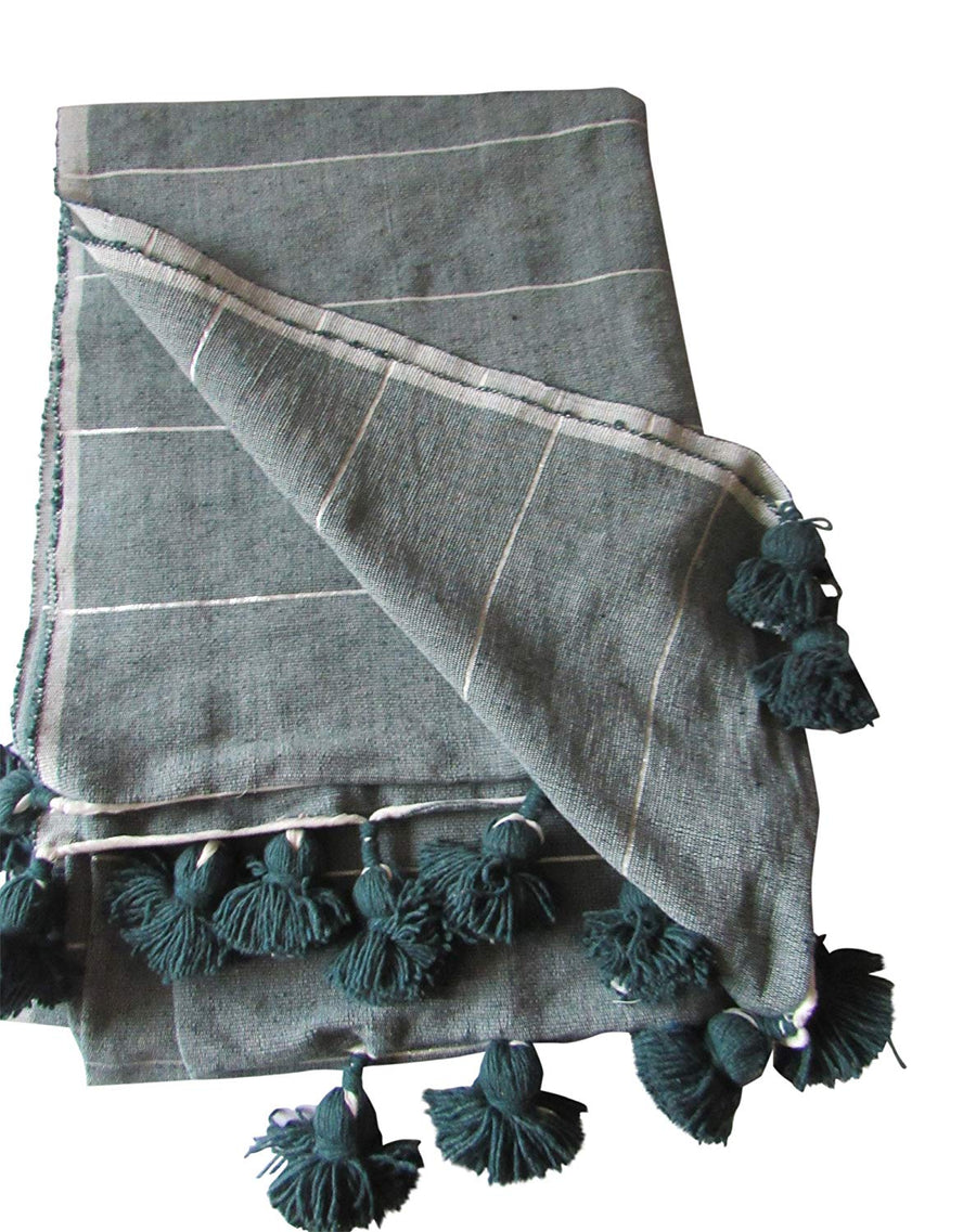 Handcraft Collection Handspun Moroccan Pom Pom Throw Blanket Grey with White Stripes, 100% Berber Wool, Handmade by Skilled Craftspeople,