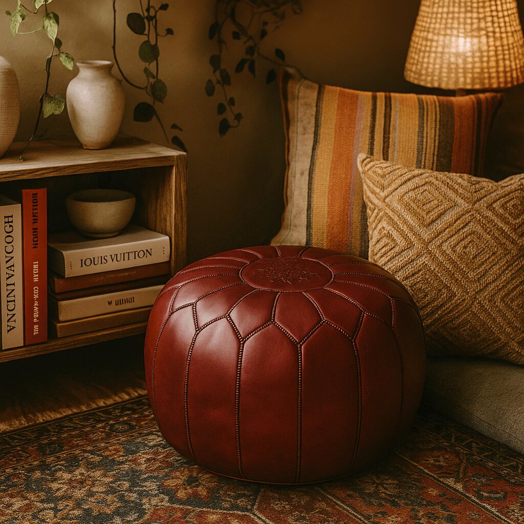 Deep red leather pouf in a bohemian reading nook with a rug and striped cushions