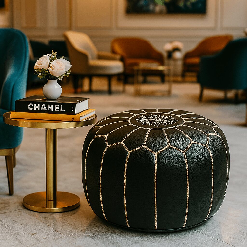 Black Moroccan leather pouf in a hotel lobby, styled with design books and gold accents