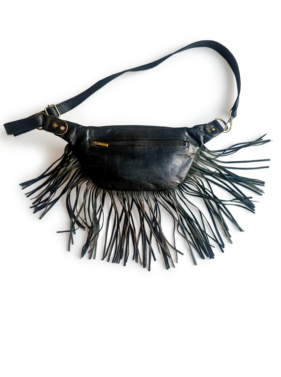 Boho Leather Fringe Belt Bag – Vintage Studded Waist Pack & Crossbody Festival Bag