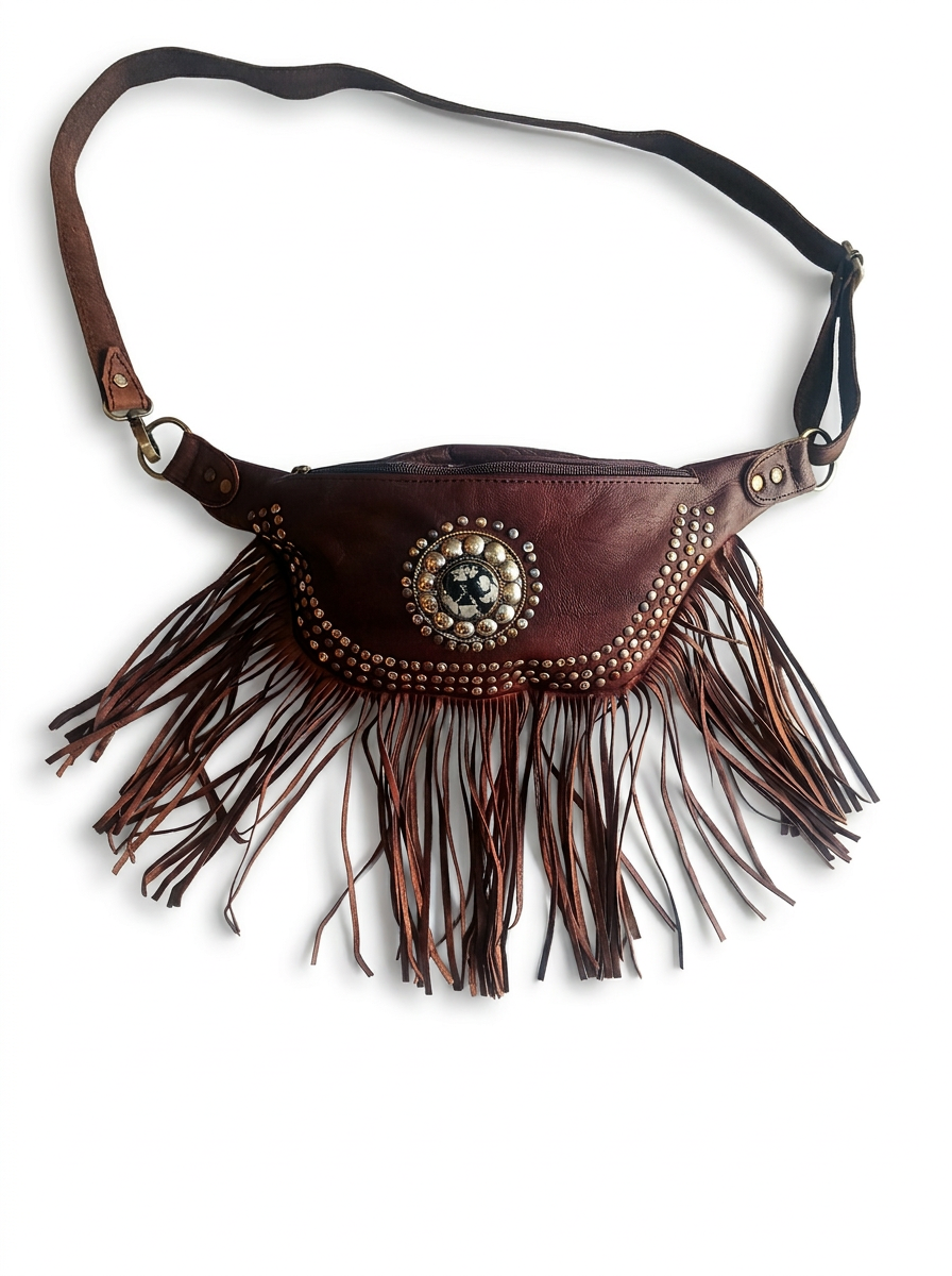 Boho Leather Fringe Belt Bag – Vintage Studded Waist Pack & Crossbody Festival Bag