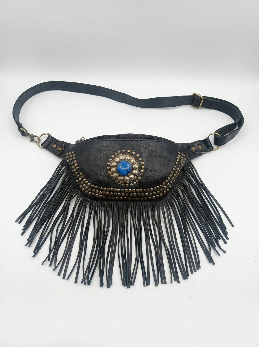 Boho Leather Fringe Belt Bag – Vintage Studded Waist Pack & Crossbody Festival Bag