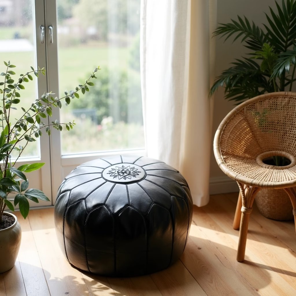 Black Moroccan leather pouf, alternate view of the hand-stitched panel seams