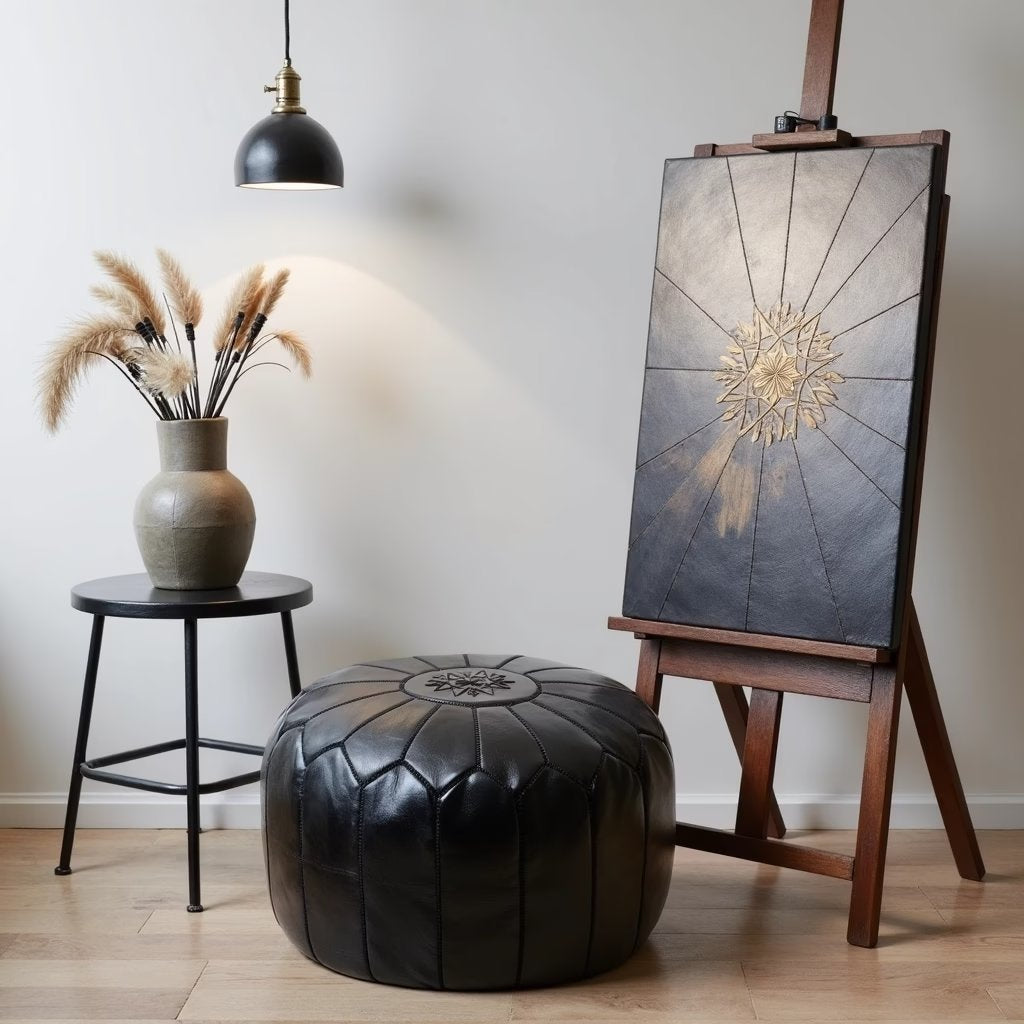 Black Moroccan leather pouf, close view of the embroidered top medallion