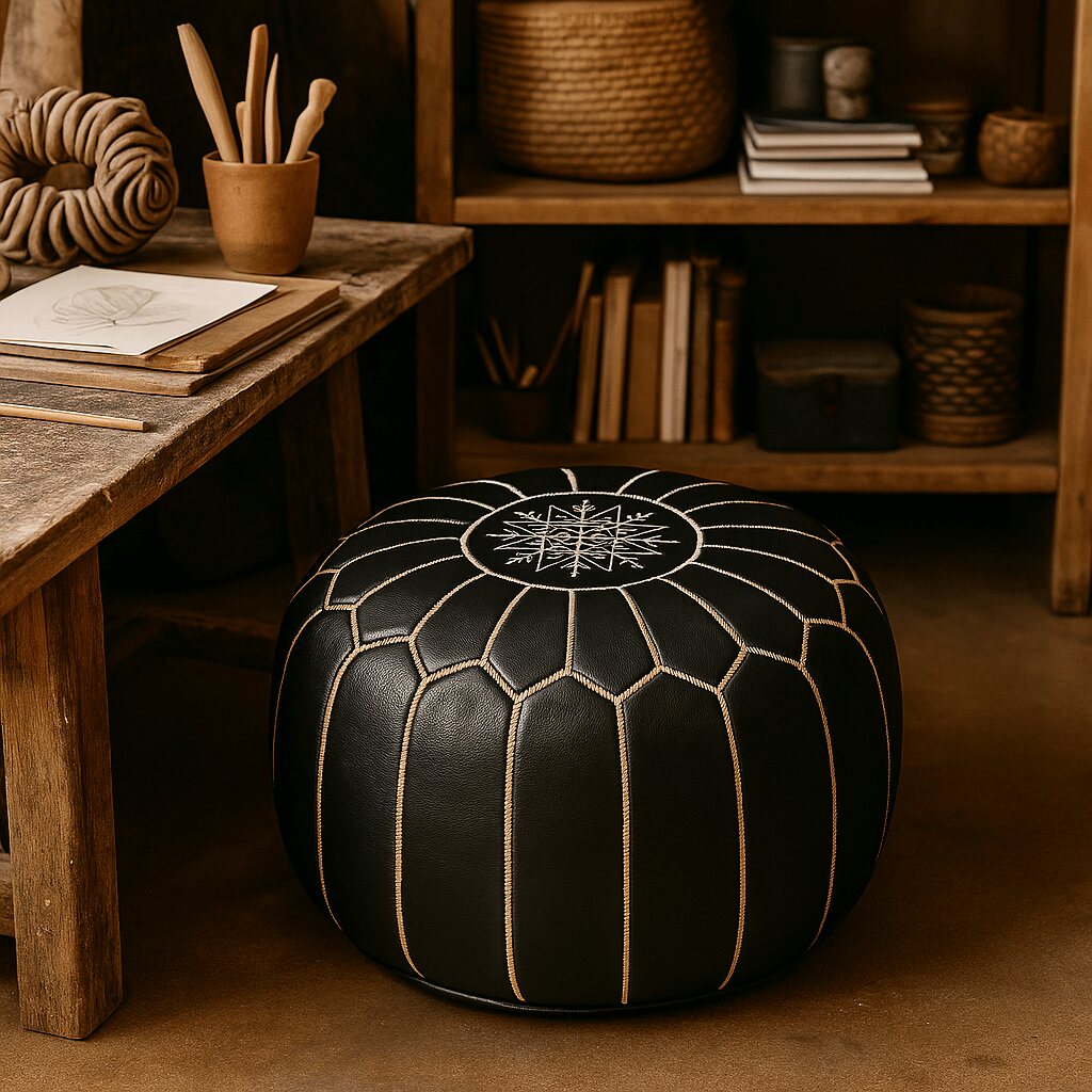 Black Moroccan leather pouf in an artisan studio surrounded by clay pottery and brushes