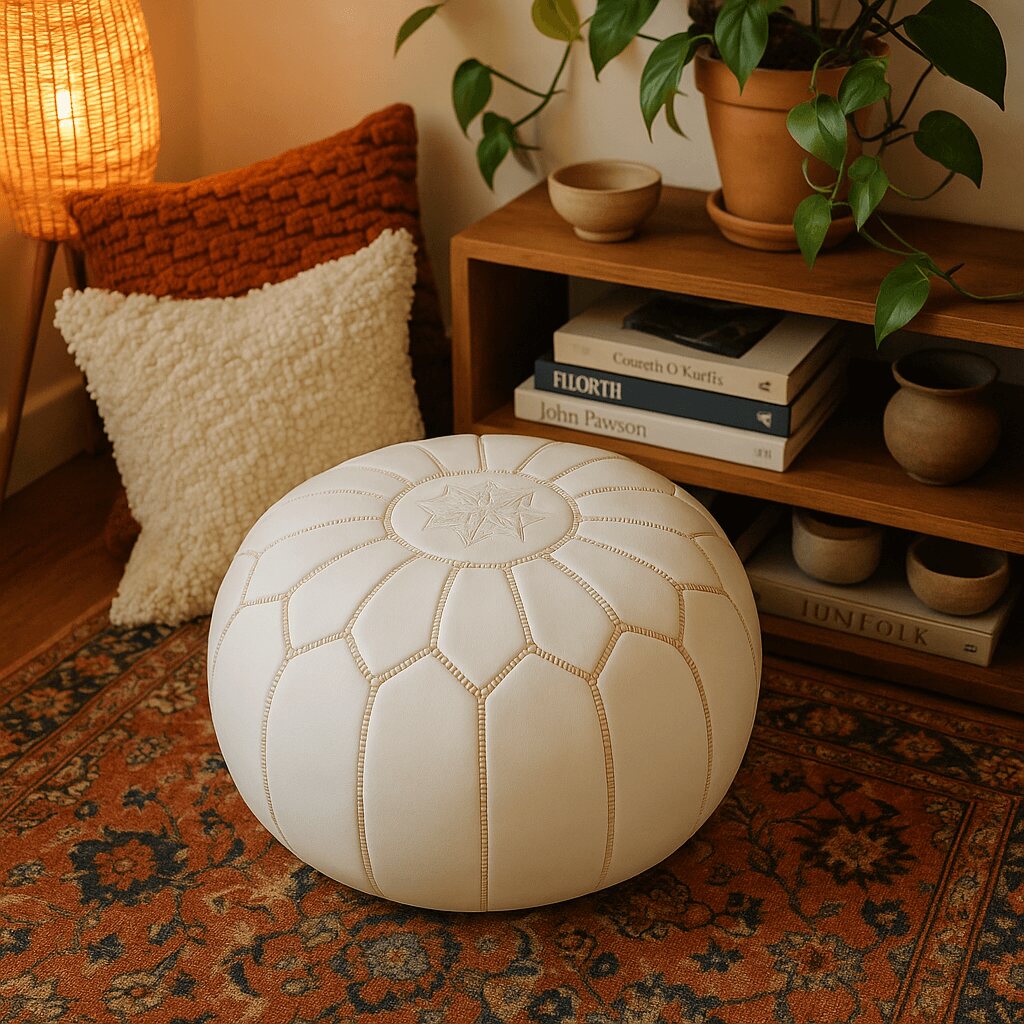 White leather pouf in a bohemian reading nook with a rug, floor cushion and plants