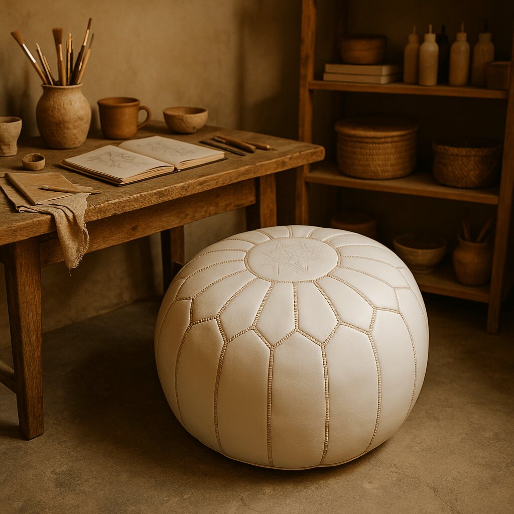 White leather pouf in an artisan studio with a wooden desk and handcraft tools