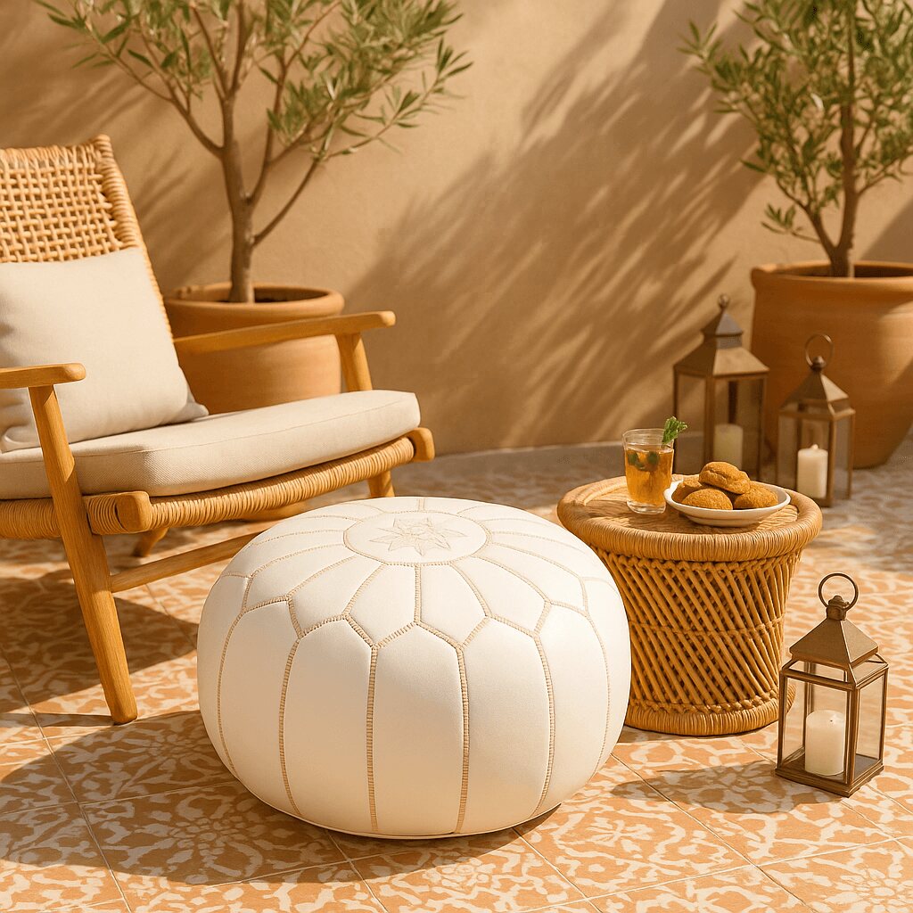 White leather pouf on a Moroccan-style terrace with lanterns and tea