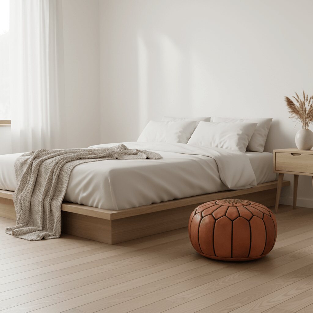 Light brown leather pouf ottoman in a minimalist bedroom beside a bed with white linens