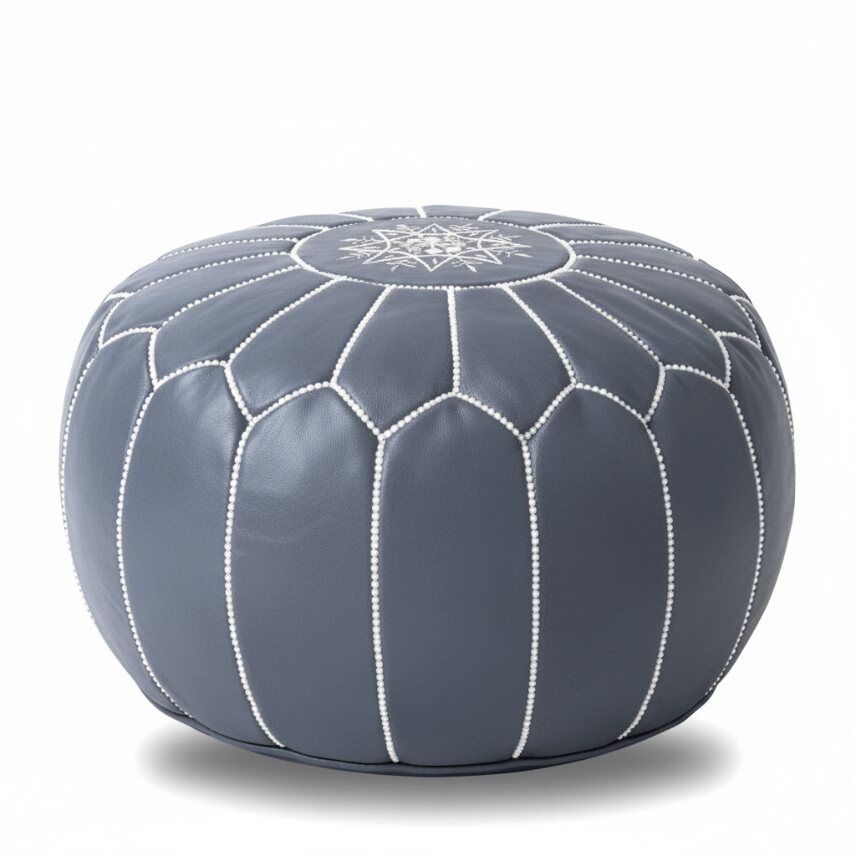 Gray Moroccan leather round pouf with white contrast stitching and embroidered star medallion