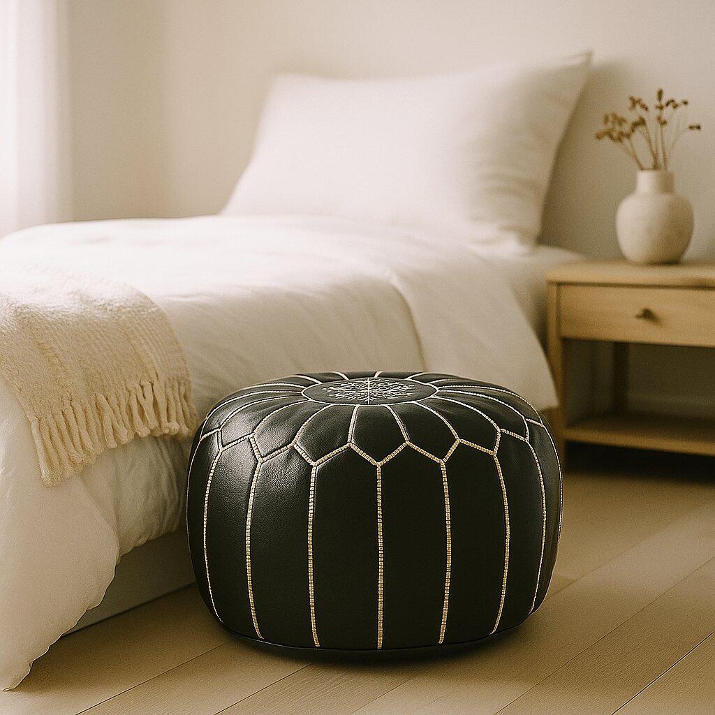 Black Moroccan leather pouf beside a bed in a sunlit bedroom with light wood furniture