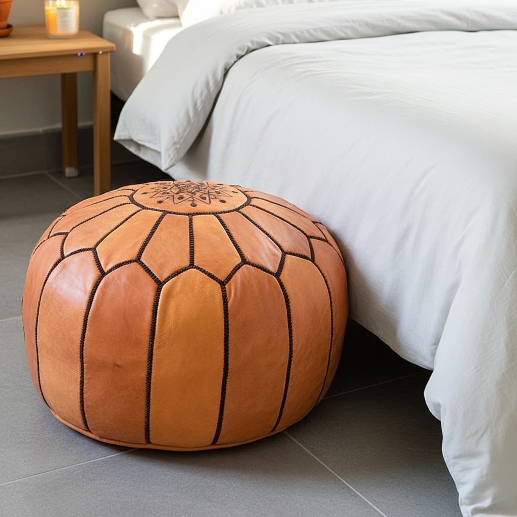 Tan leather round ottoman, three-quarter view on a plain background