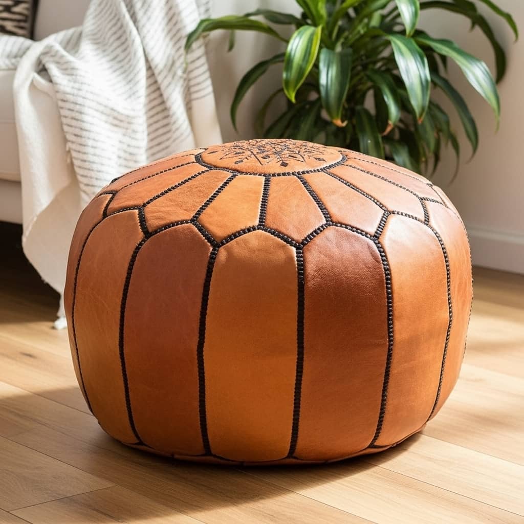 Tan leather round ottoman, detail of the embroidered top panel