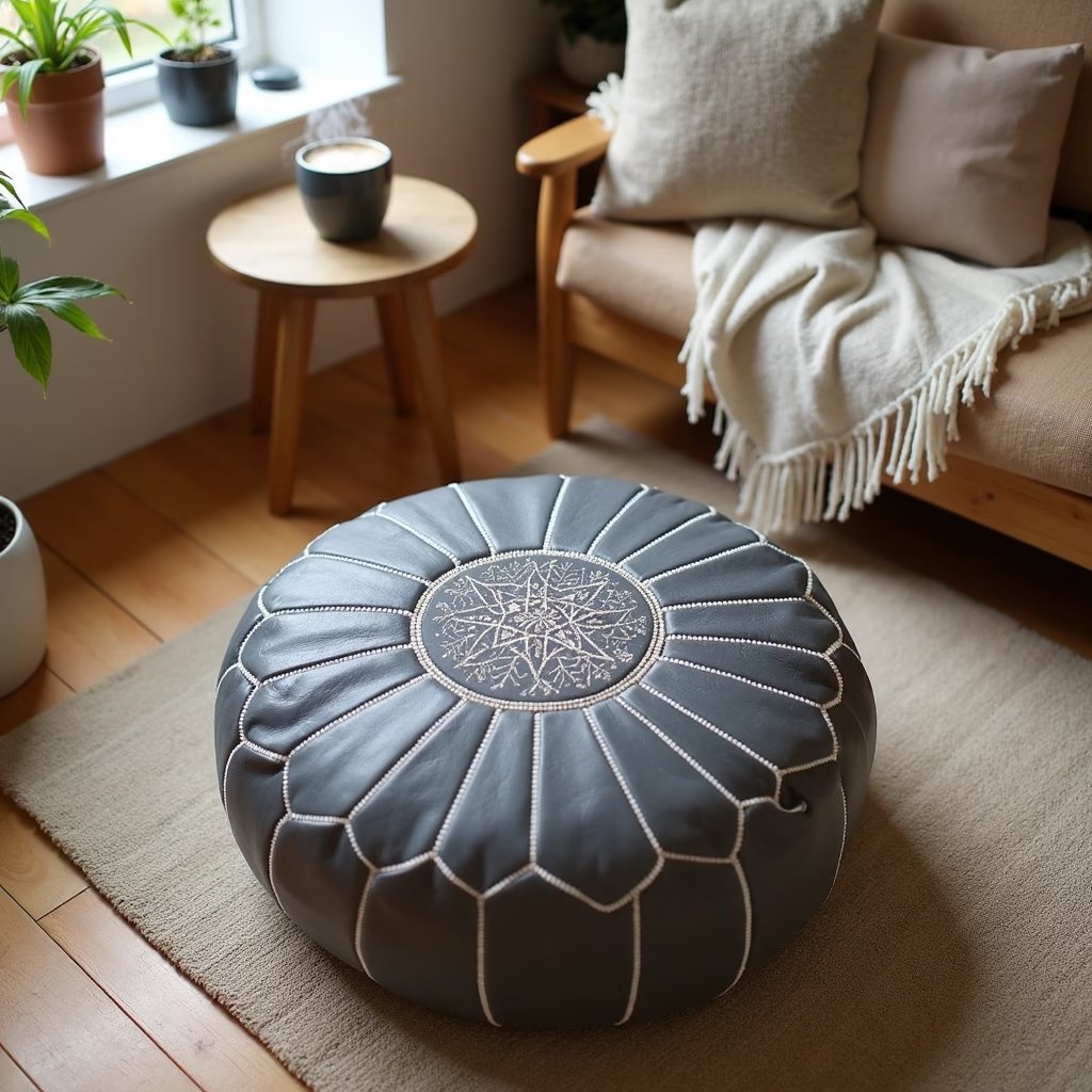Gray leather round pouf, alternate product view