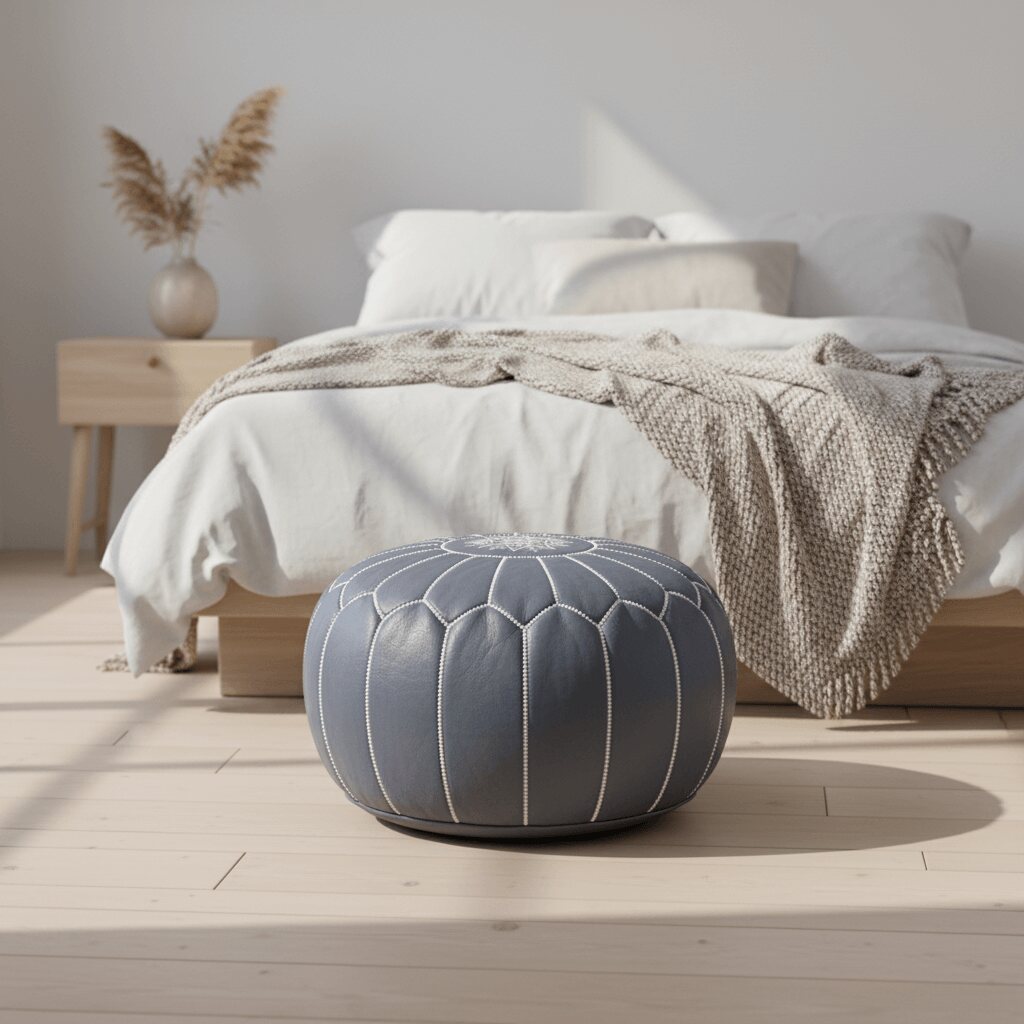 Gray Moroccan leather pouf showing the 21-inch round profile