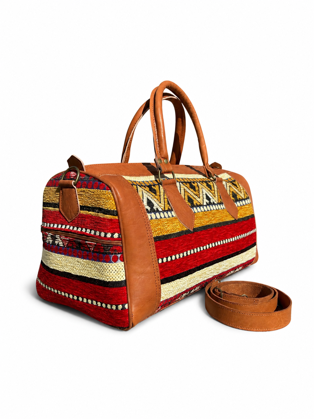 Moroccan Kilim Leather Weekender Travel Bag – Red