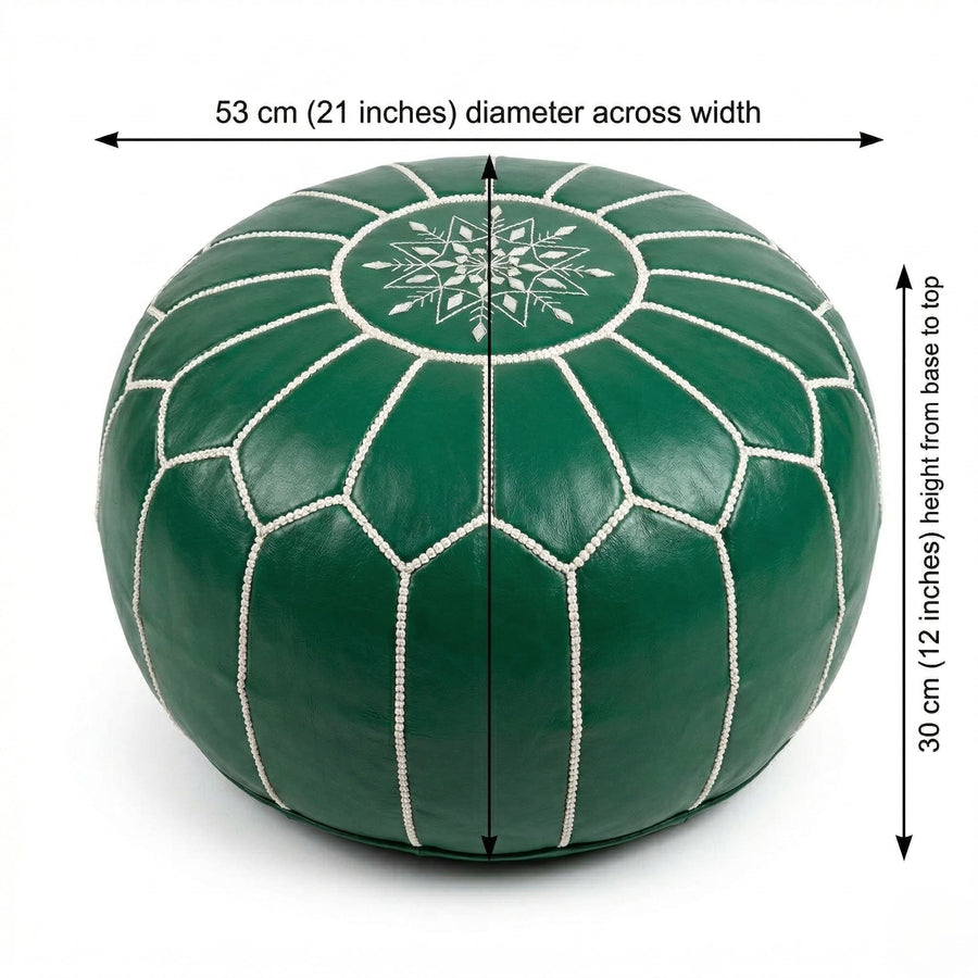 Dimension diagram of the green leather round pouf: 53 cm (21 inches) diameter across the width and 30 cm (12 inches) height from base to top