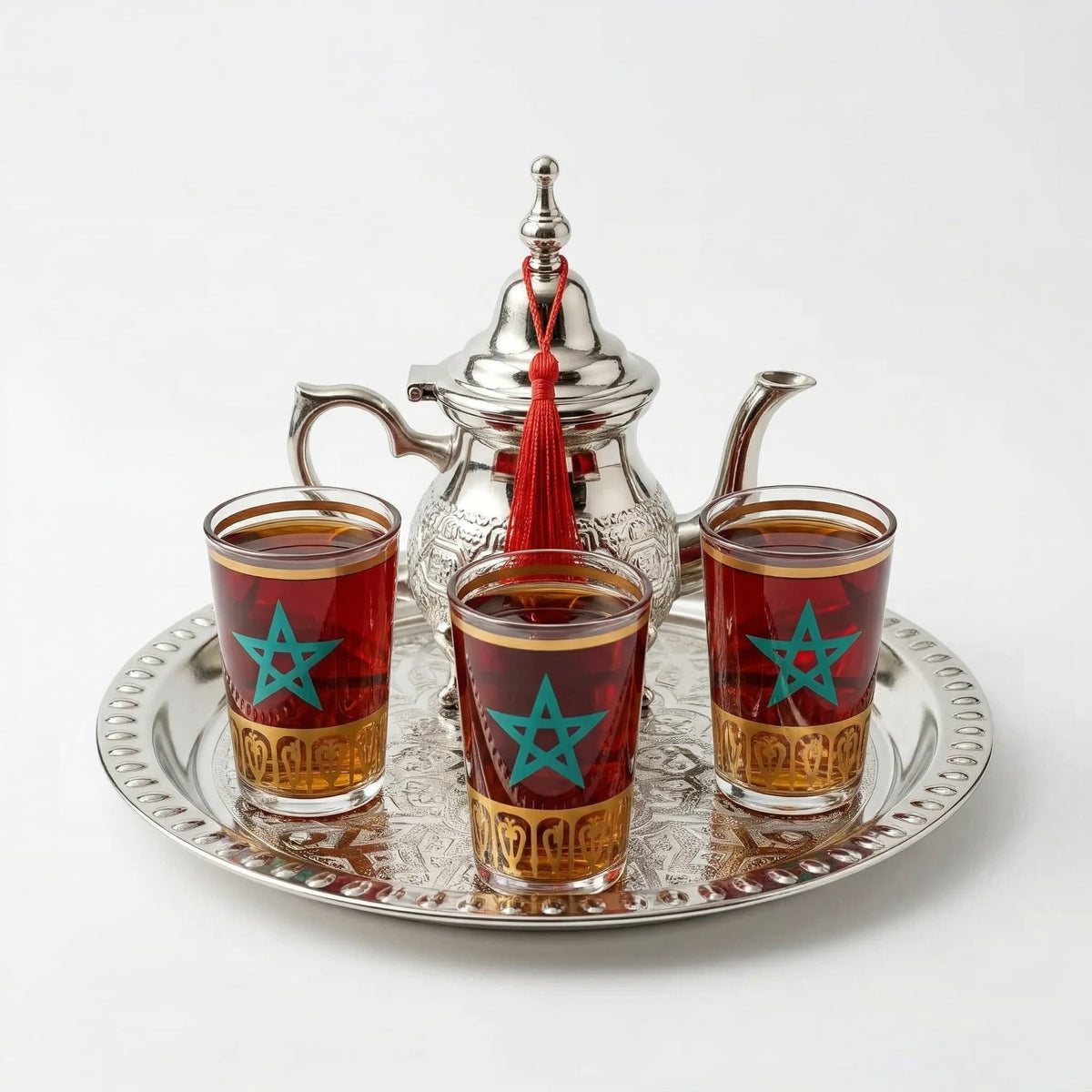 Small silver-plated Moroccan tea set for three, 5-piece with star glasses