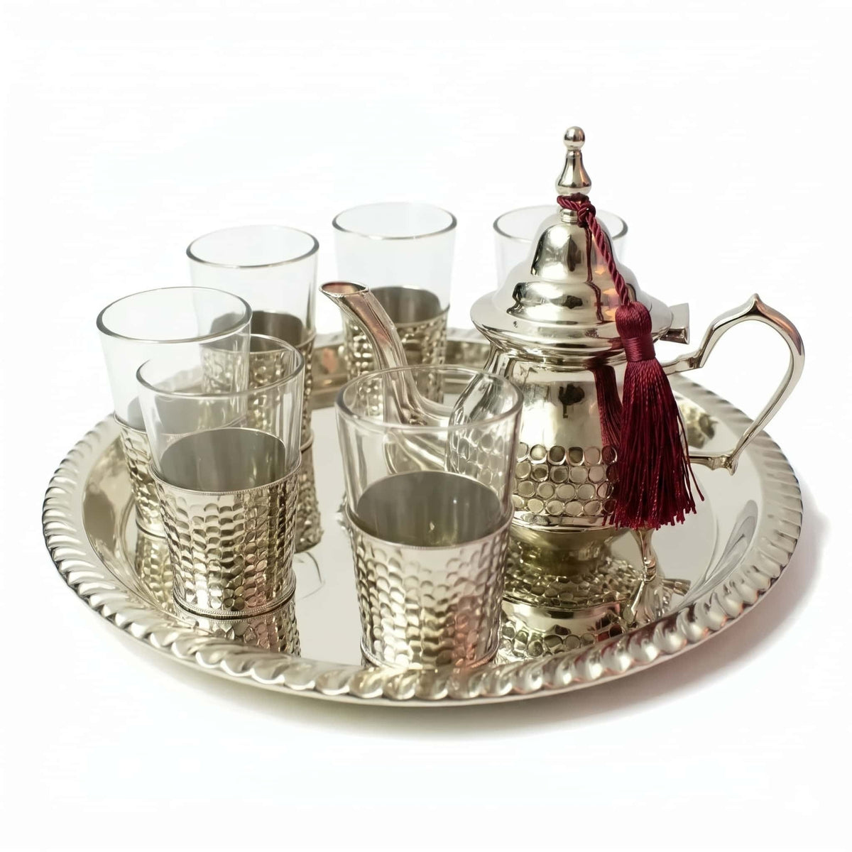 Hand-hammered silver-plated Moroccan tea set, 8-piece with glass holders