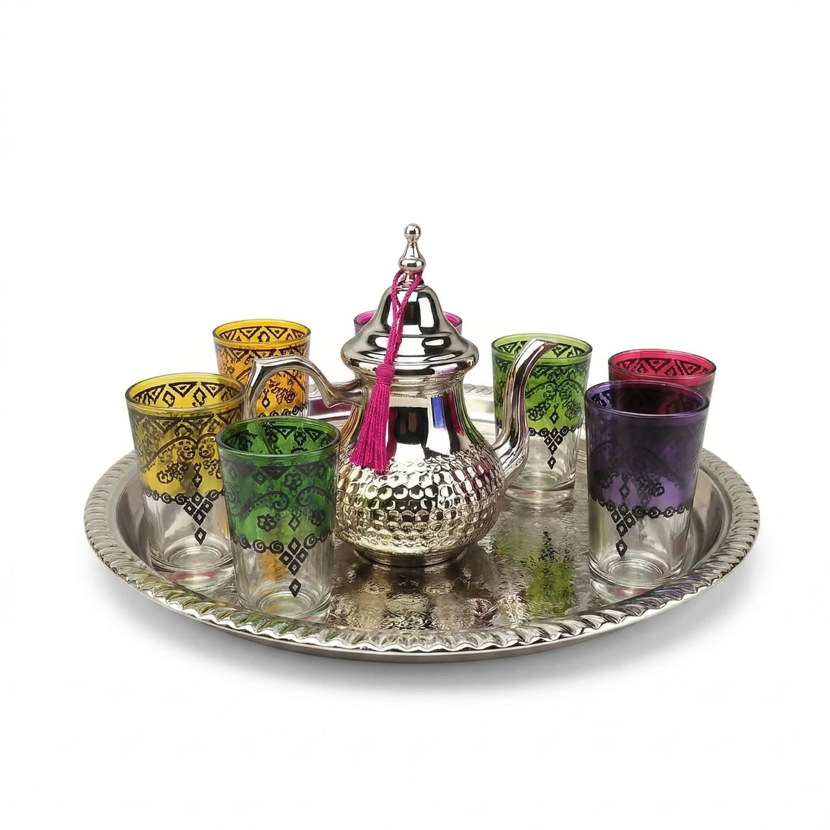 Hand-hammered silver-plated beldi tea set, 8-piece with multicolor glasses