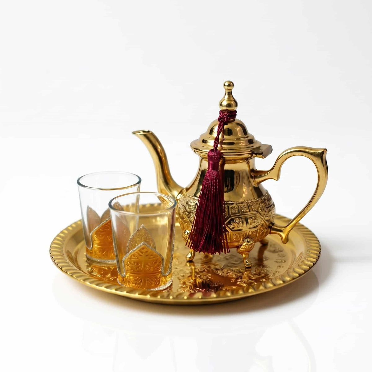 Brass Moroccan mini tea set for two, footed embossed teapot
