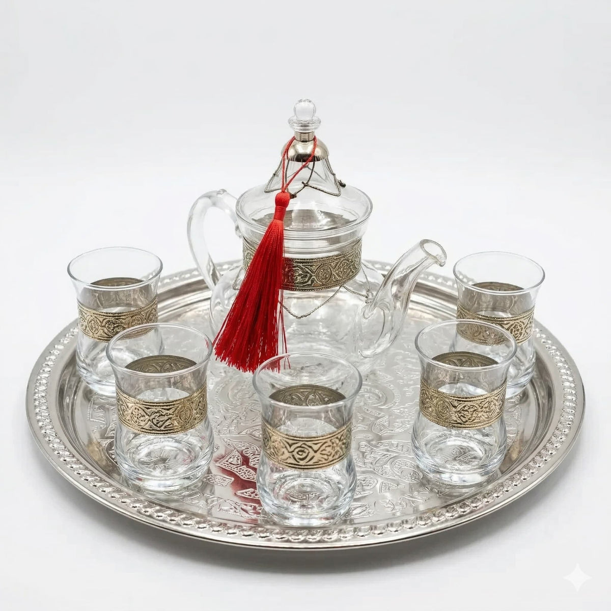 Silver-plated filigree glass tea set, 8-piece with borosilicate teapot