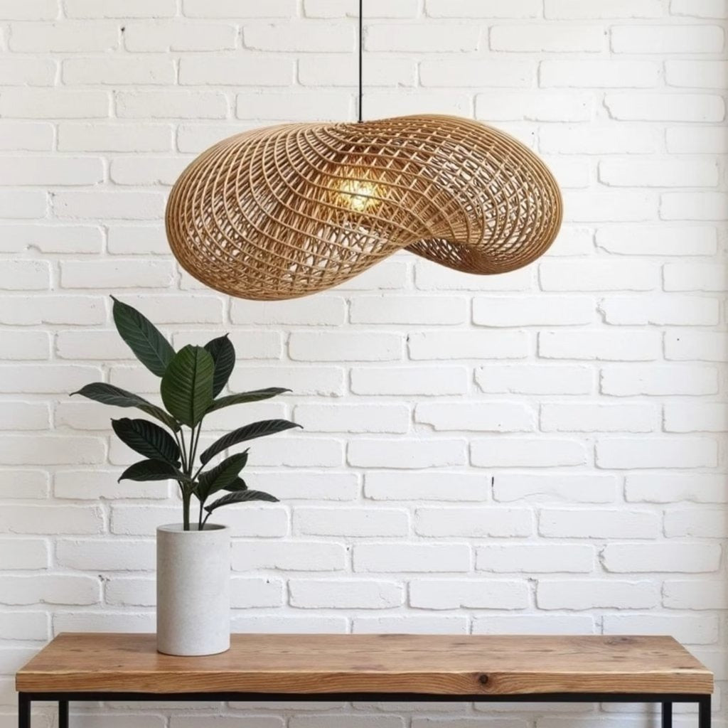 Organic wave rattan pendant lamp, handwoven natural rattan