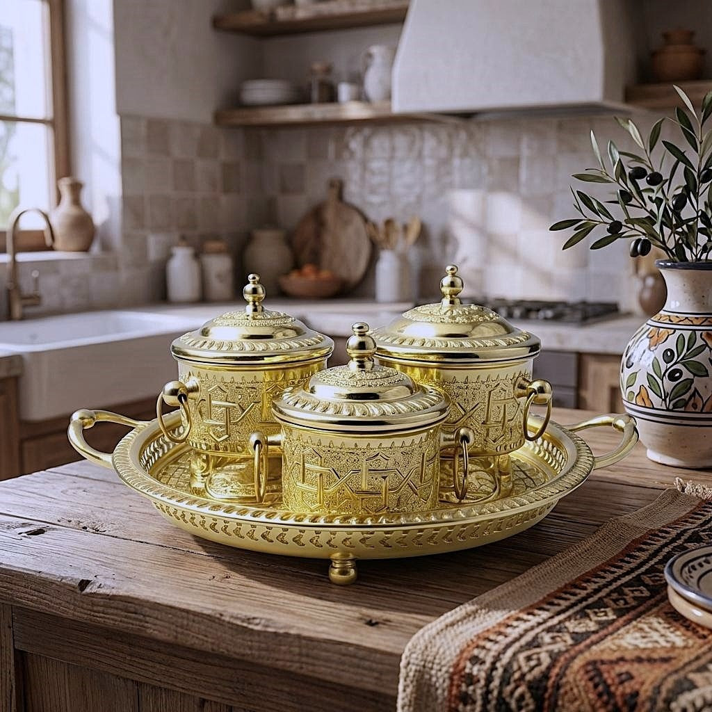 Hand-engraved brass sugar bowl set with tray, 4-piece — image 4
