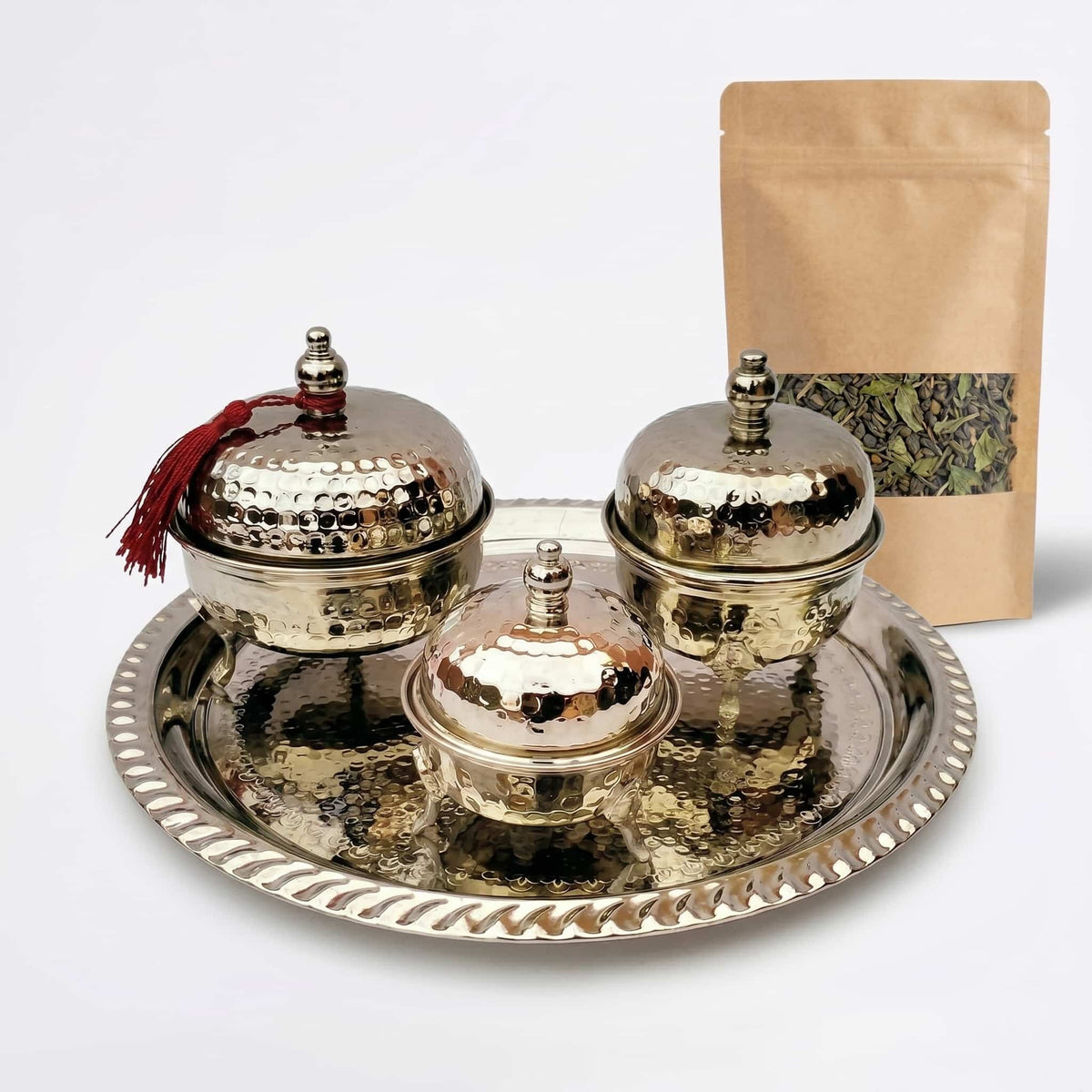 Hand-hammered silver-plated tea container service, 4-piece with ornate tray — image 4