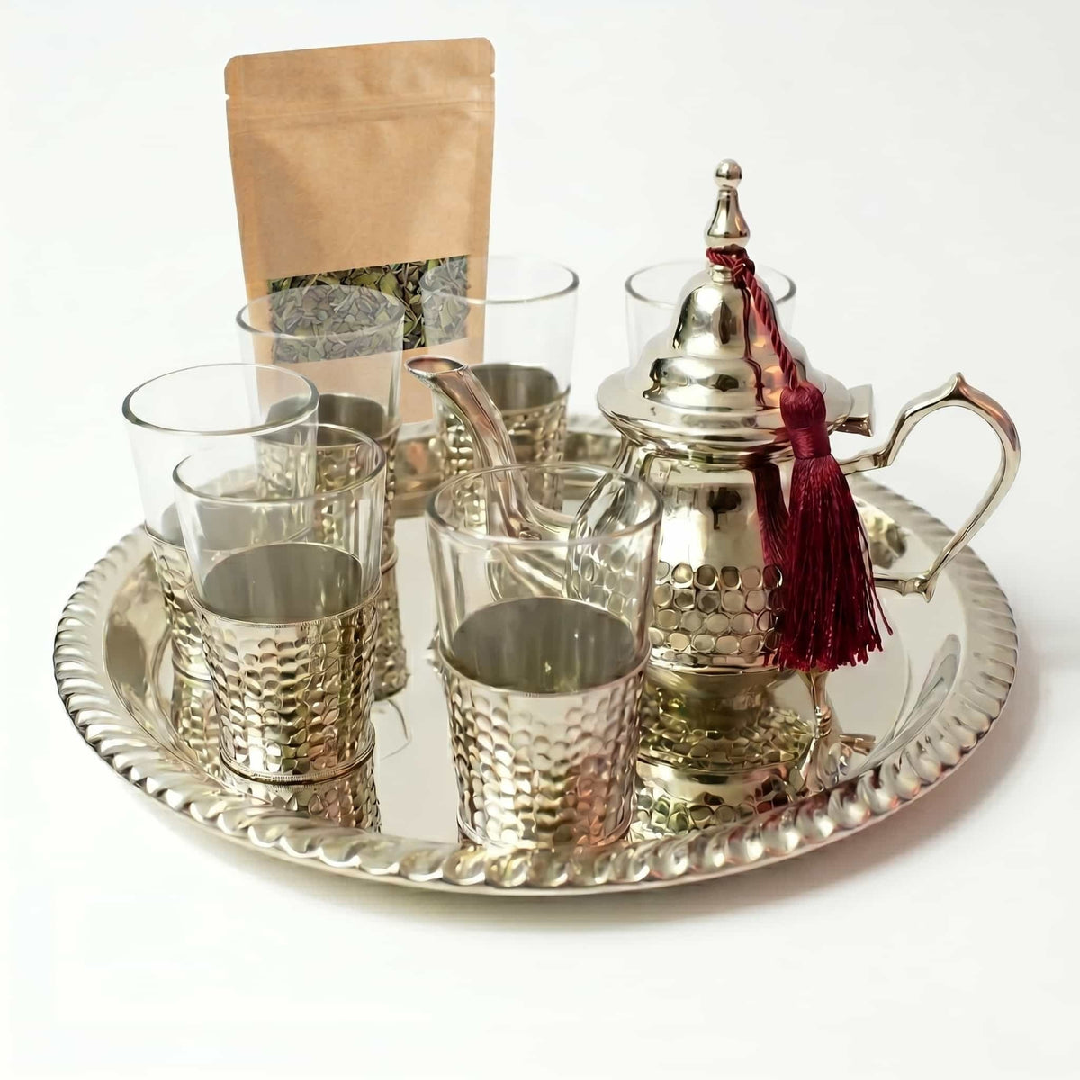 Hand-hammered silver-plated Moroccan tea set, 8-piece with glass holders — image 2