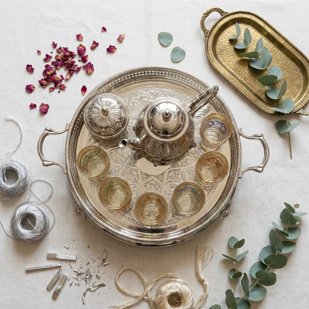 Large Moroccan tea set, 15-piece with engraved teapot and enamel glasses — image 4