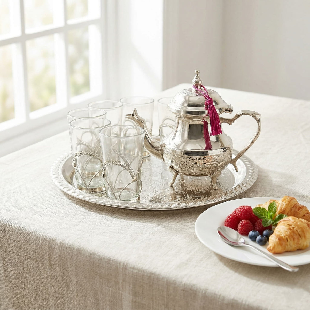 Silver-plated Moroccan tea gift set, 8-piece filigree service for six — image 9