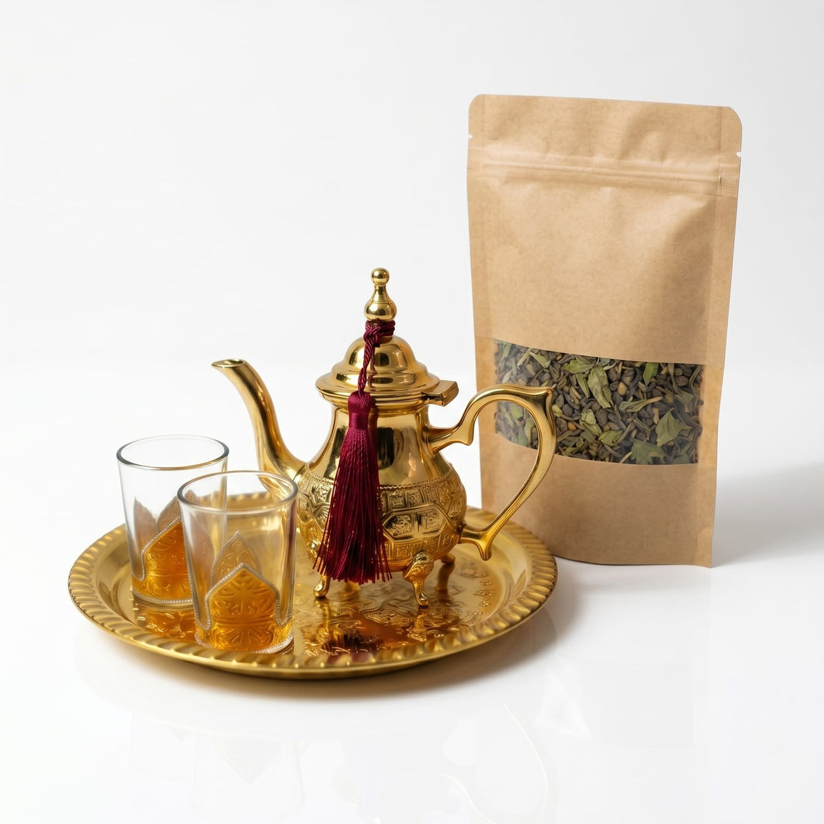 Brass Moroccan mini tea set for two, footed embossed teapot — image 2