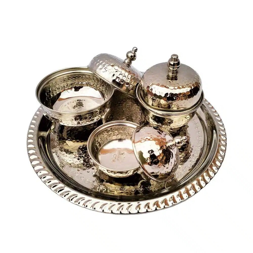 Hand-hammered silver-plated tea container service, 4-piece with ornate tray — image 6