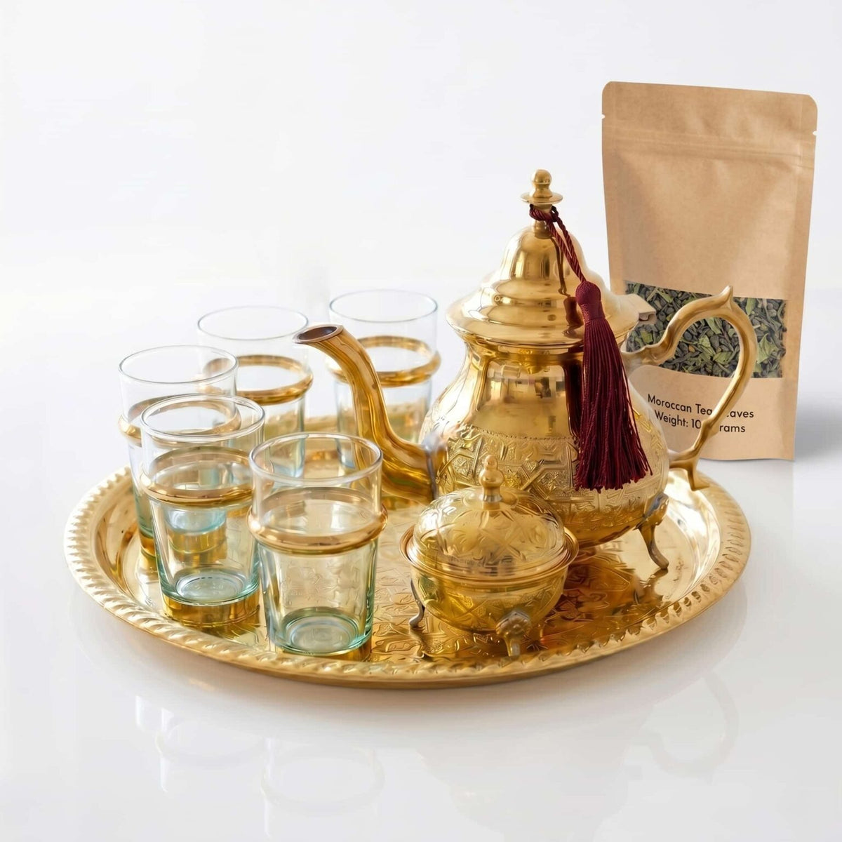 Brass Moroccan tea set, 9-piece with sugar bowl and aqua glasses — image 3