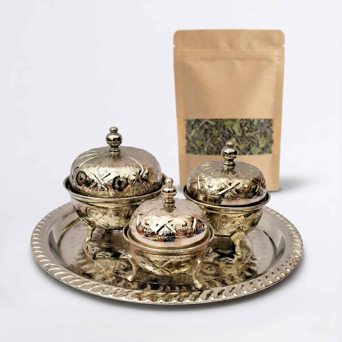 Hand-embossed silver-plated tea container set, 4-piece with footed bowls — image 2