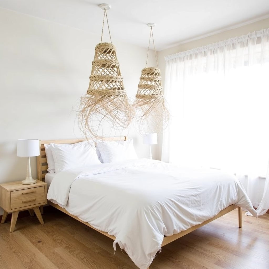 Handwoven straw pendant light 17 inch, lit in a room