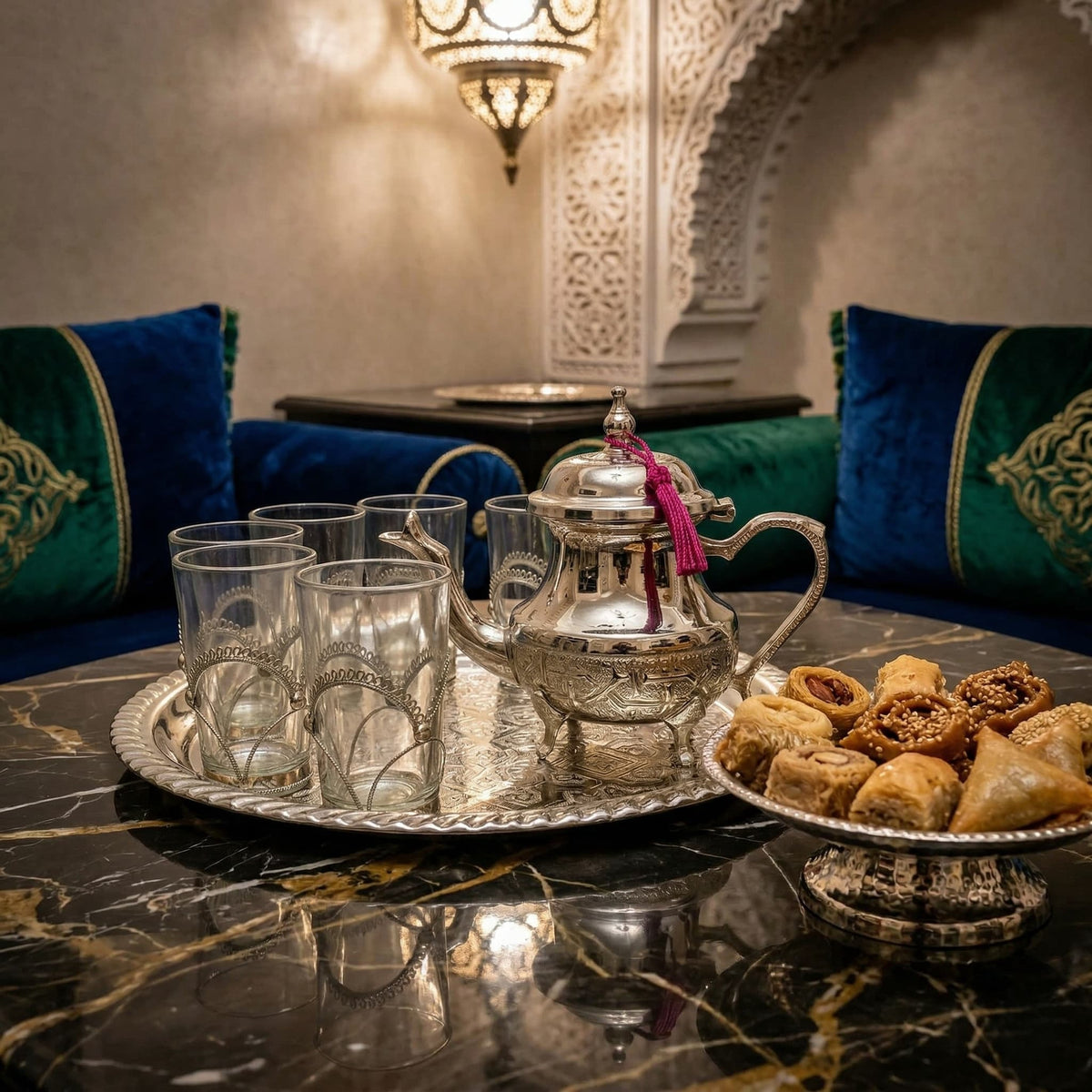 Silver-plated Moroccan tea gift set, 8-piece filigree service for six — image 3