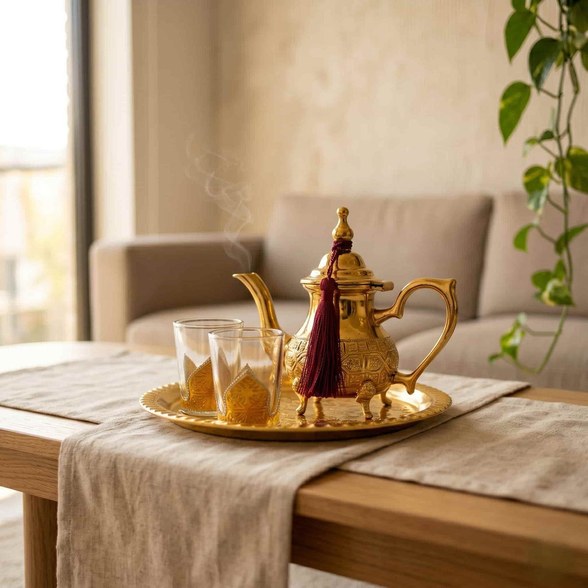 Brass Moroccan mini tea set for two, footed embossed teapot — image 3