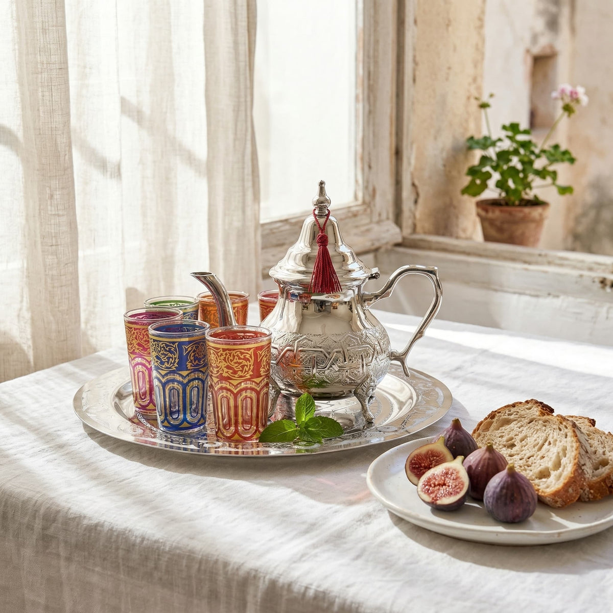 Embossed silver-plated Moroccan mint tea set, 8-piece with arch-panel glasses — image 4