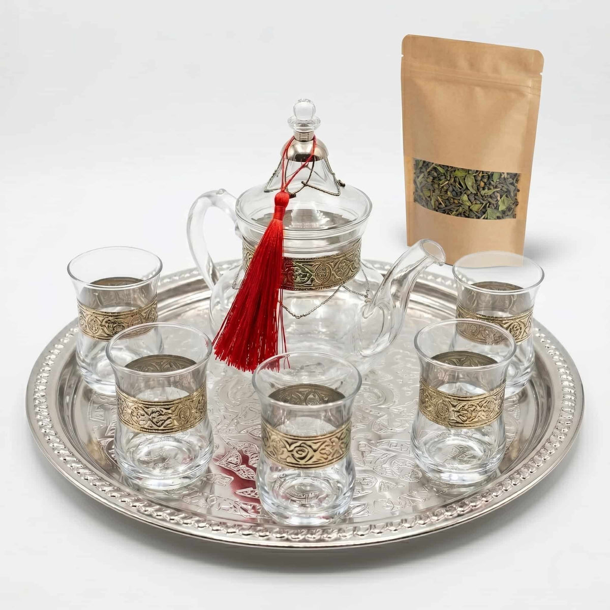 Silver-plated filigree glass tea set, 8-piece with borosilicate teapot — image 2