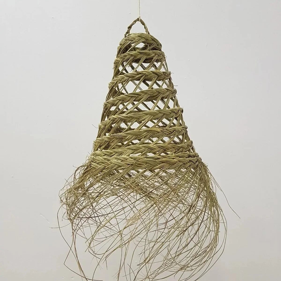 Handwoven straw pendant light 17 inch with fringe