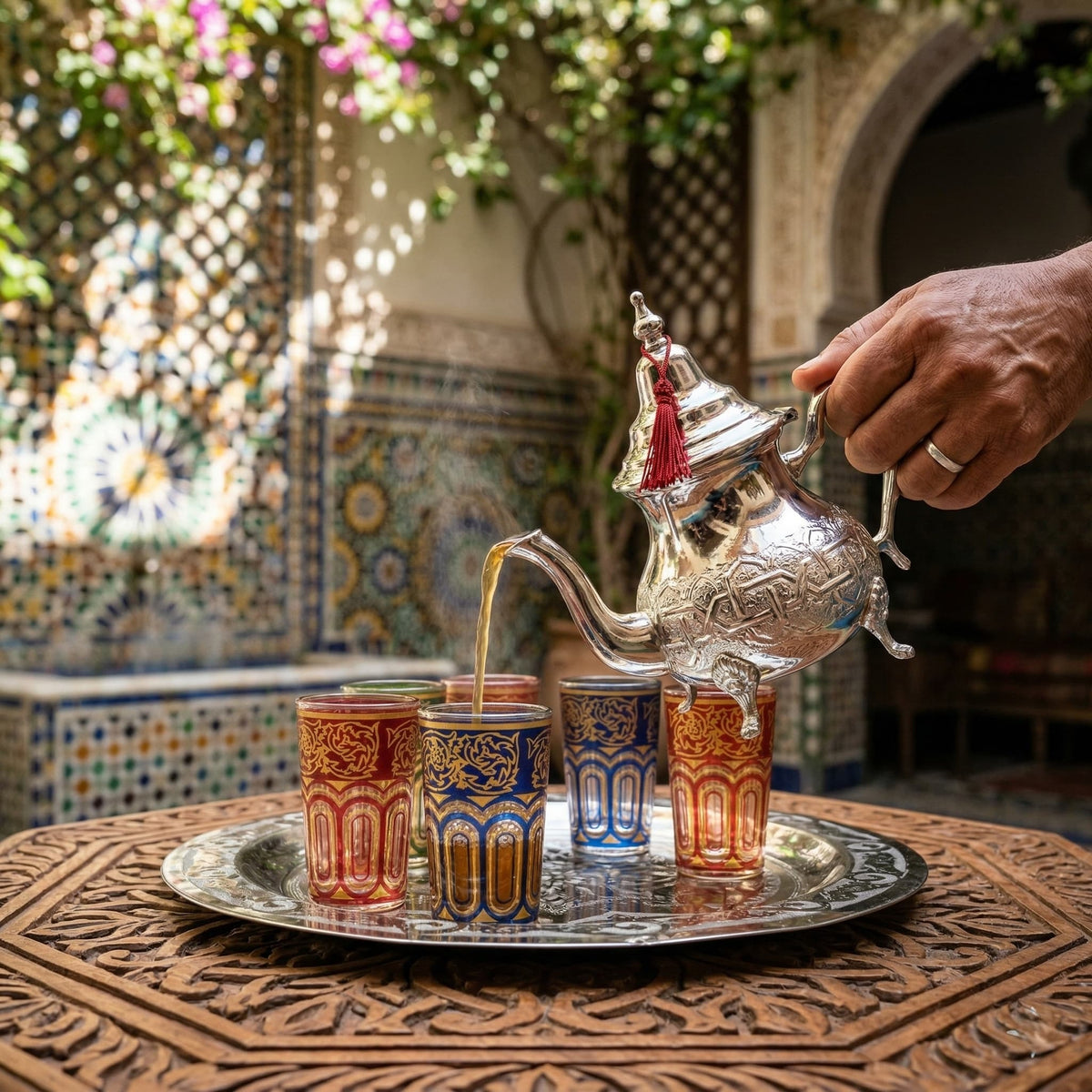 Embossed silver-plated Moroccan mint tea set, 8-piece with arch-panel glasses — image 5