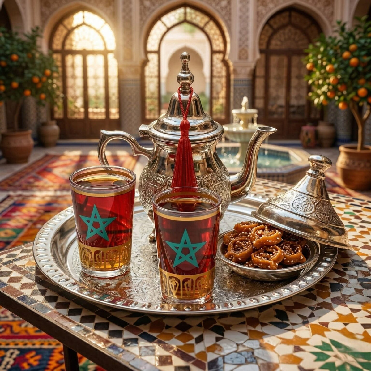 Small silver-plated Moroccan tea set for three, 5-piece with star glasses — image 5