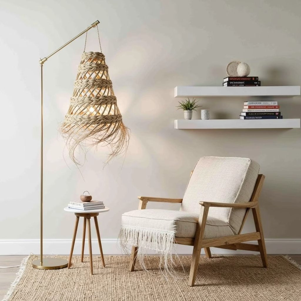 Handwoven straw pendant light 17 inch, side view