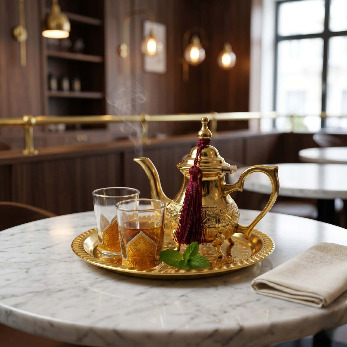 Brass Moroccan mini tea set for two, footed embossed teapot — image 4