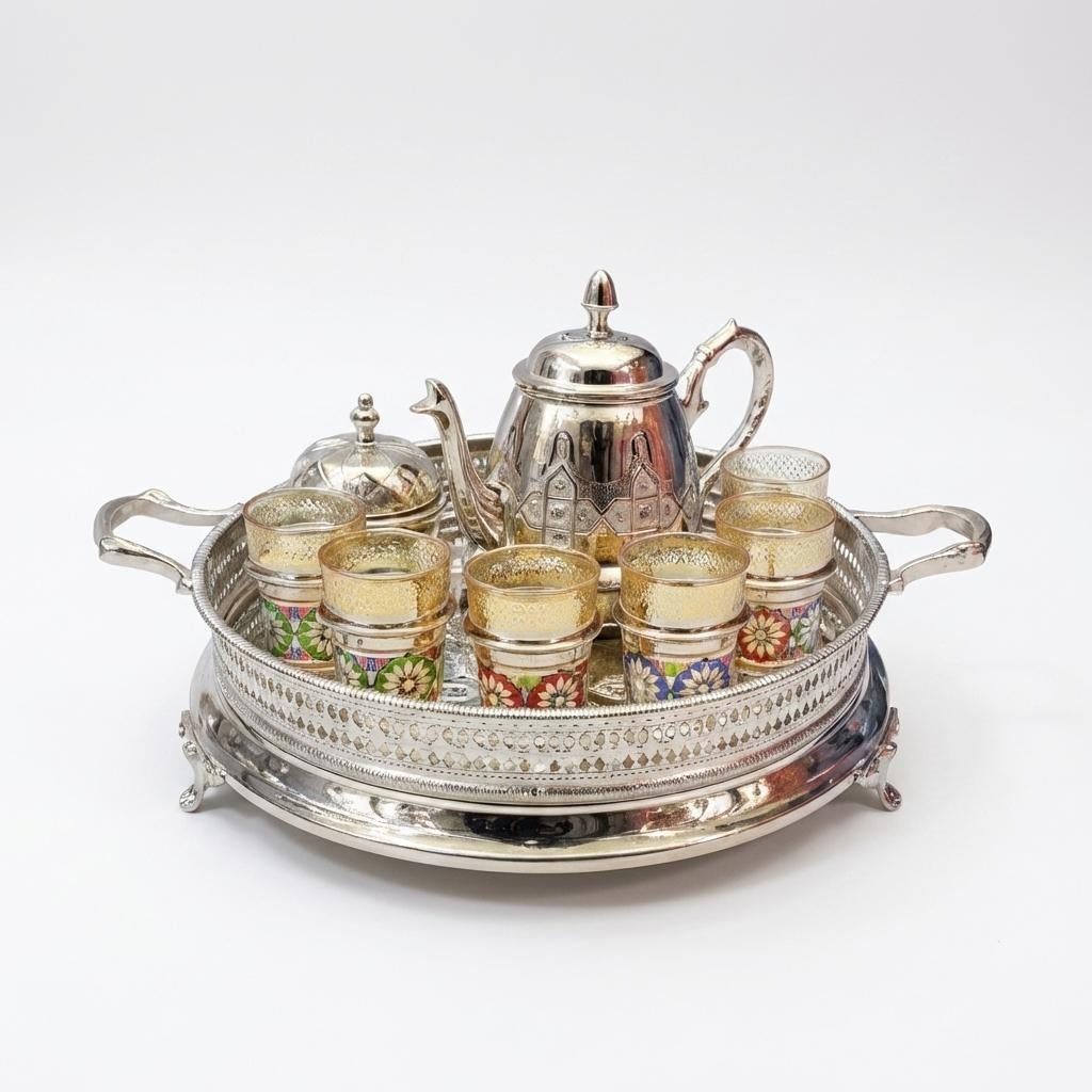 Large Moroccan tea set, 15-piece with engraved teapot and enamel glasses — image 8
