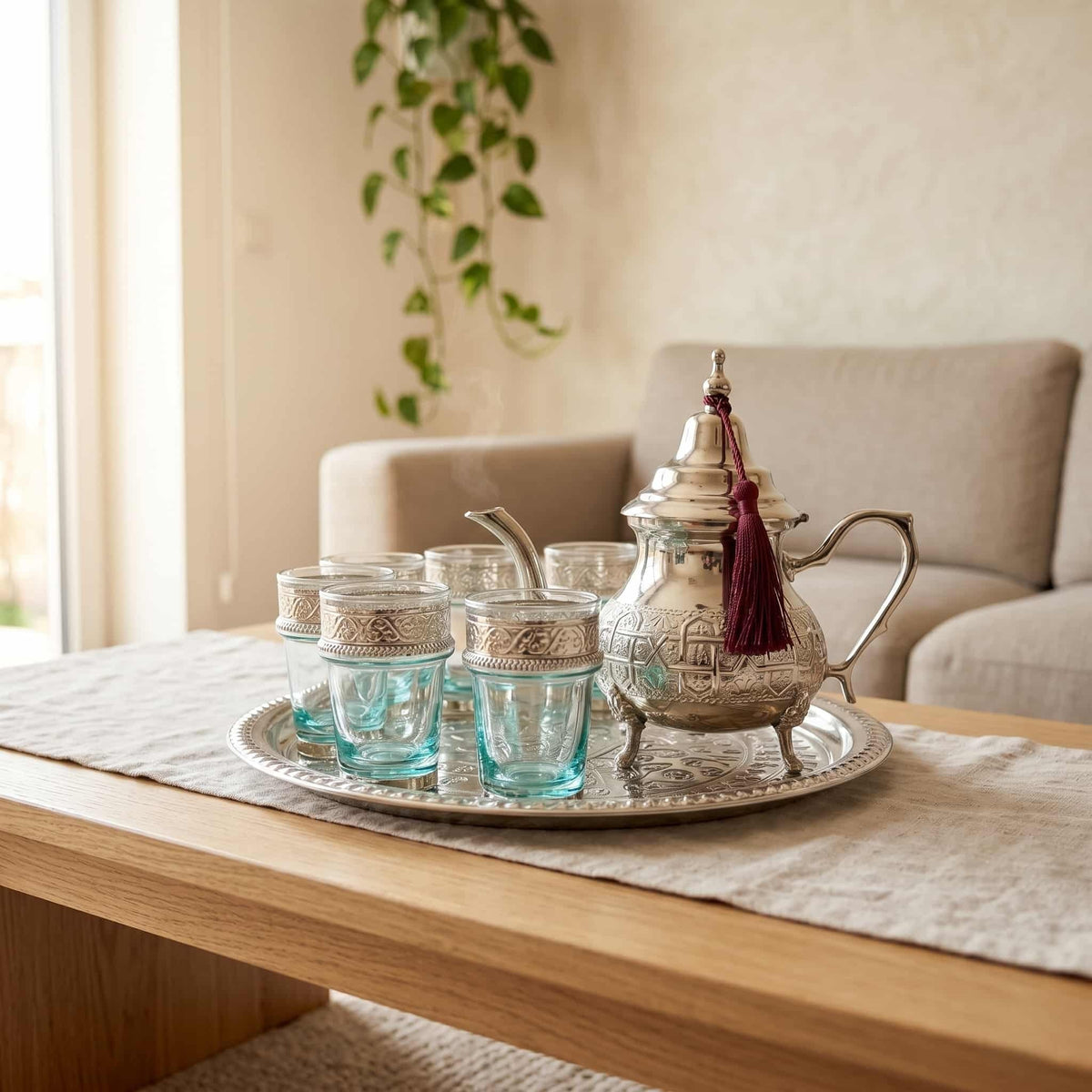 Silver-plated engraved beldi Moroccan tea set, 8-piece with footed teapot — image 5