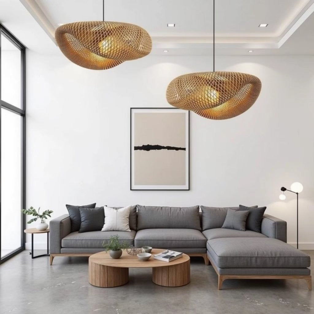 Organic wave rattan pendant lamp, weave detail